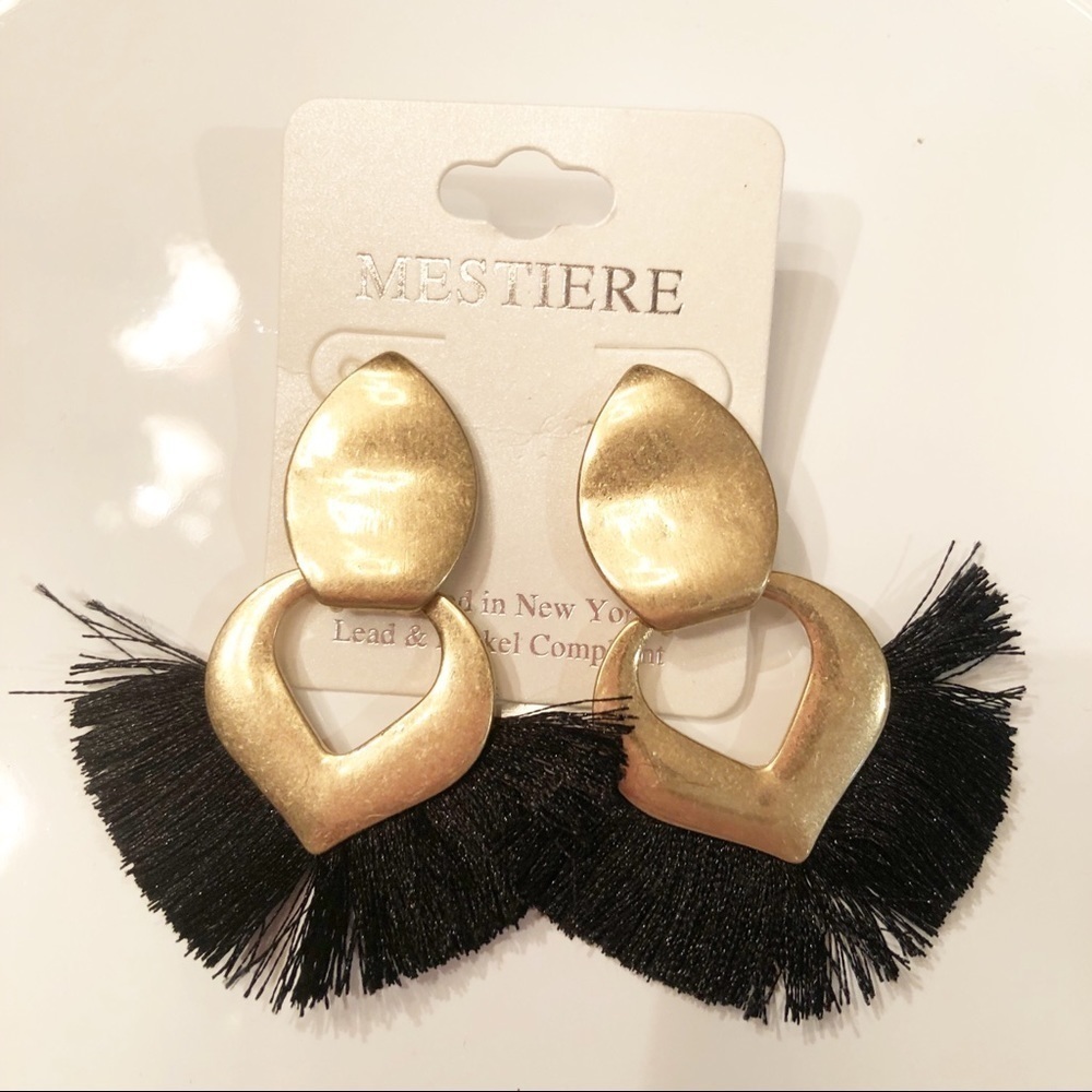 Black Fringe Earrings with Gold Metal - NWT
